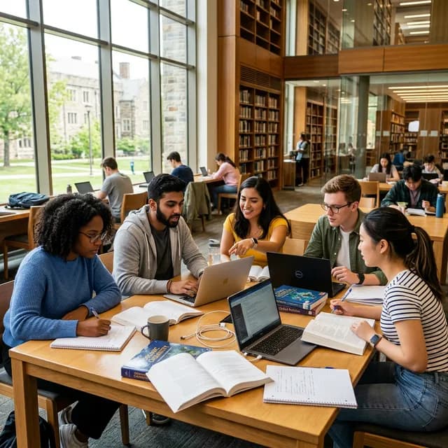 Students collaborating in the library